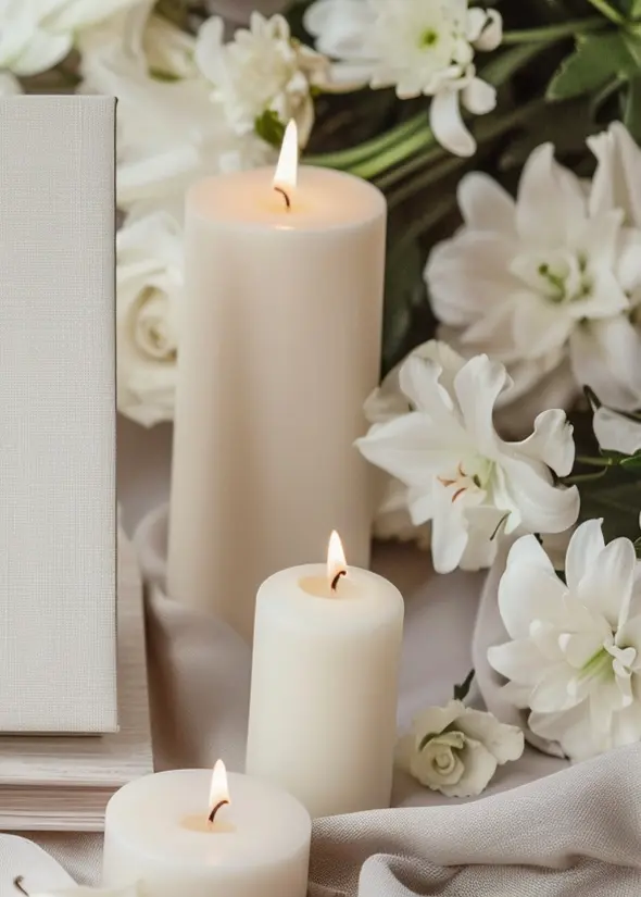 Degančios žvakės su baltais žiedais – Akmeka laidojimo paslaugos Klaipėdoje