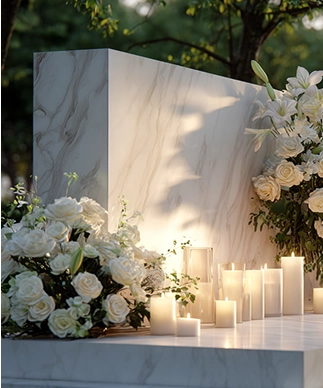 Granitinis kapas su baltomis gėlėmis – kapų tvarkymas Klaipėdoje, Akmeka.