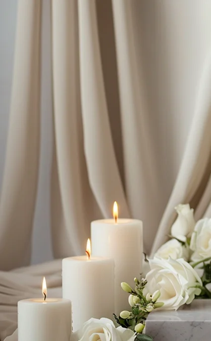 Trys šviesios ir degančios žvakės šarvojimo salėje iš labai arti