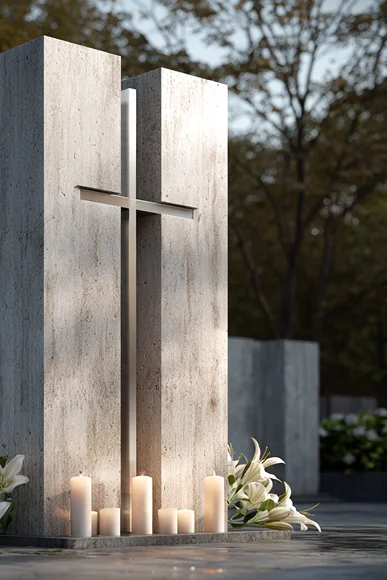 Šviesaus granito kapo paminklas su integruotu kryžiumi